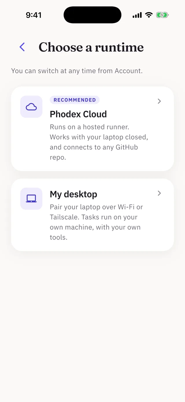 Runtime choice screen offering Phodex Cloud or your own desktop