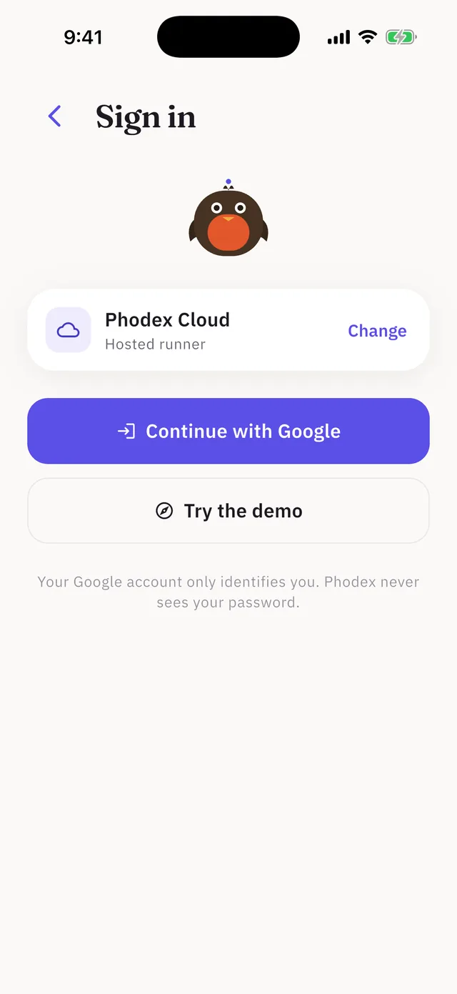 Sign-in screen with Continue with Google and Try the demo buttons