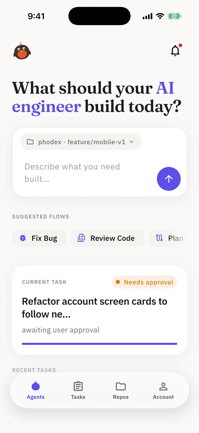 Home screen with the task composer, repository pill, and recent tasks