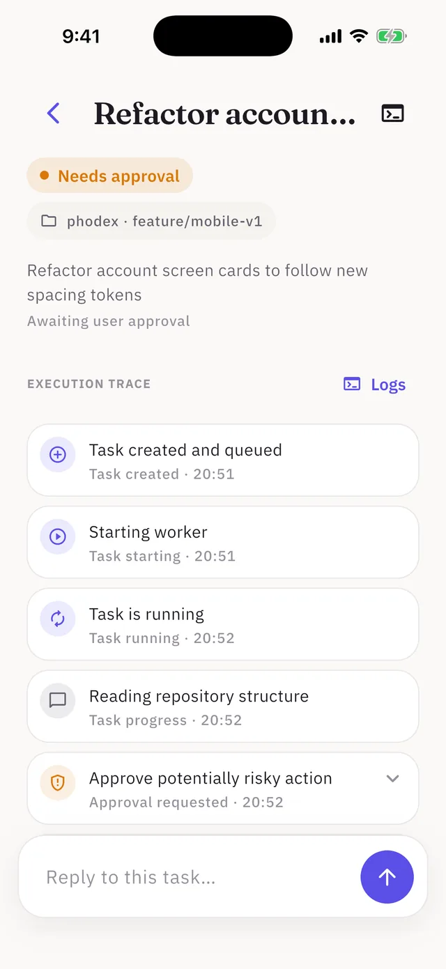 Session screen streaming the agent's trace with a reply composer