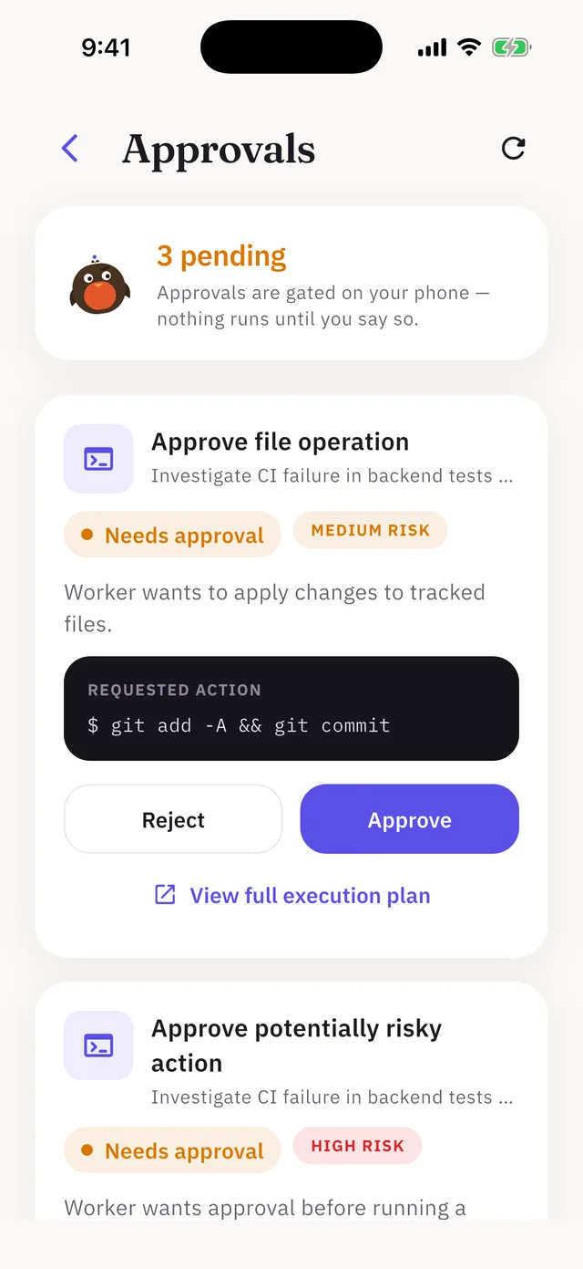 Approvals screen with a pending command and Approve and Reject buttons