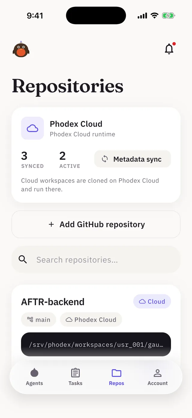 Repositories screen with the runtime overview and synced repositories