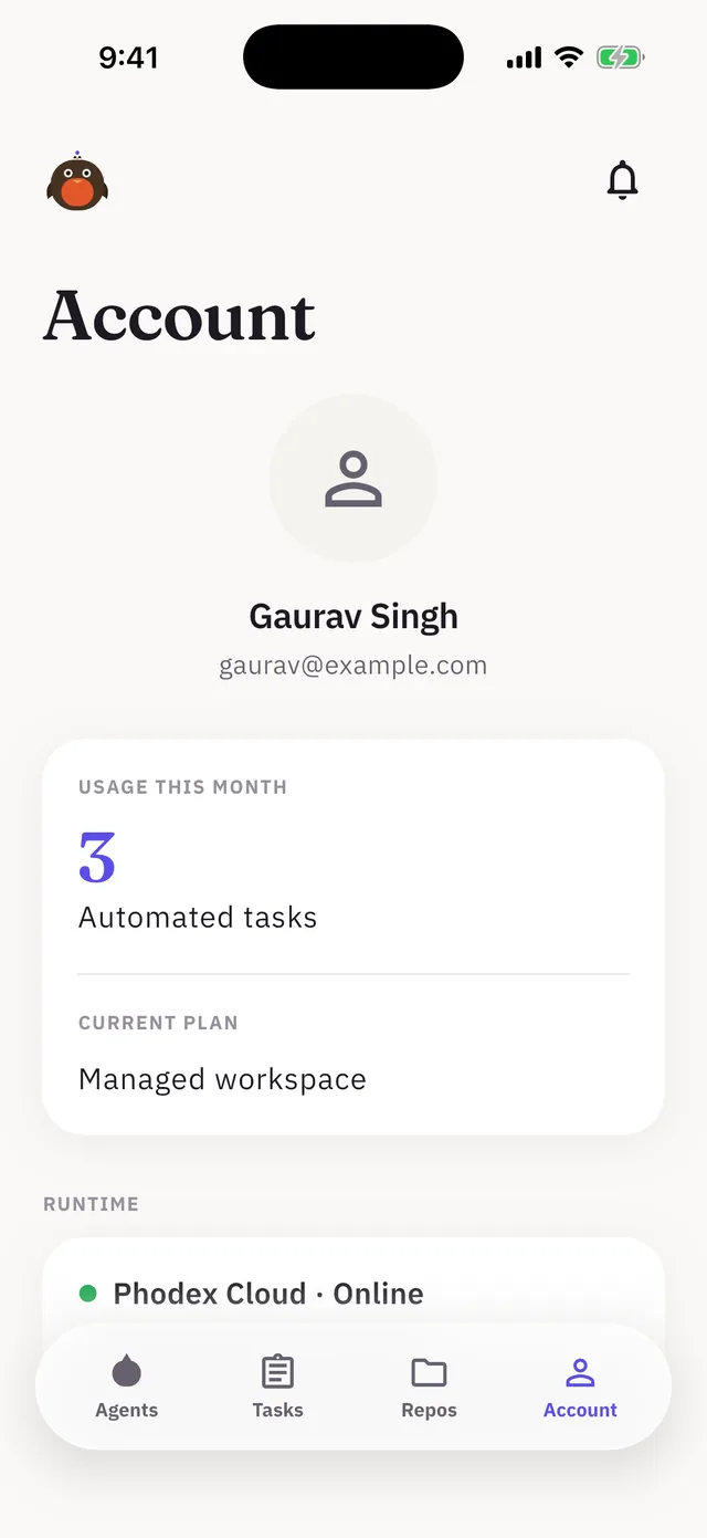 Account screen with usage this month, current plan, and runtime status